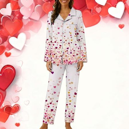 AUNVITO Women s Valentine s Day Pajama Set Long Sleeve Turn-Down Collar Top and Pants Casual Comfortable Fashionable Lounge Wear