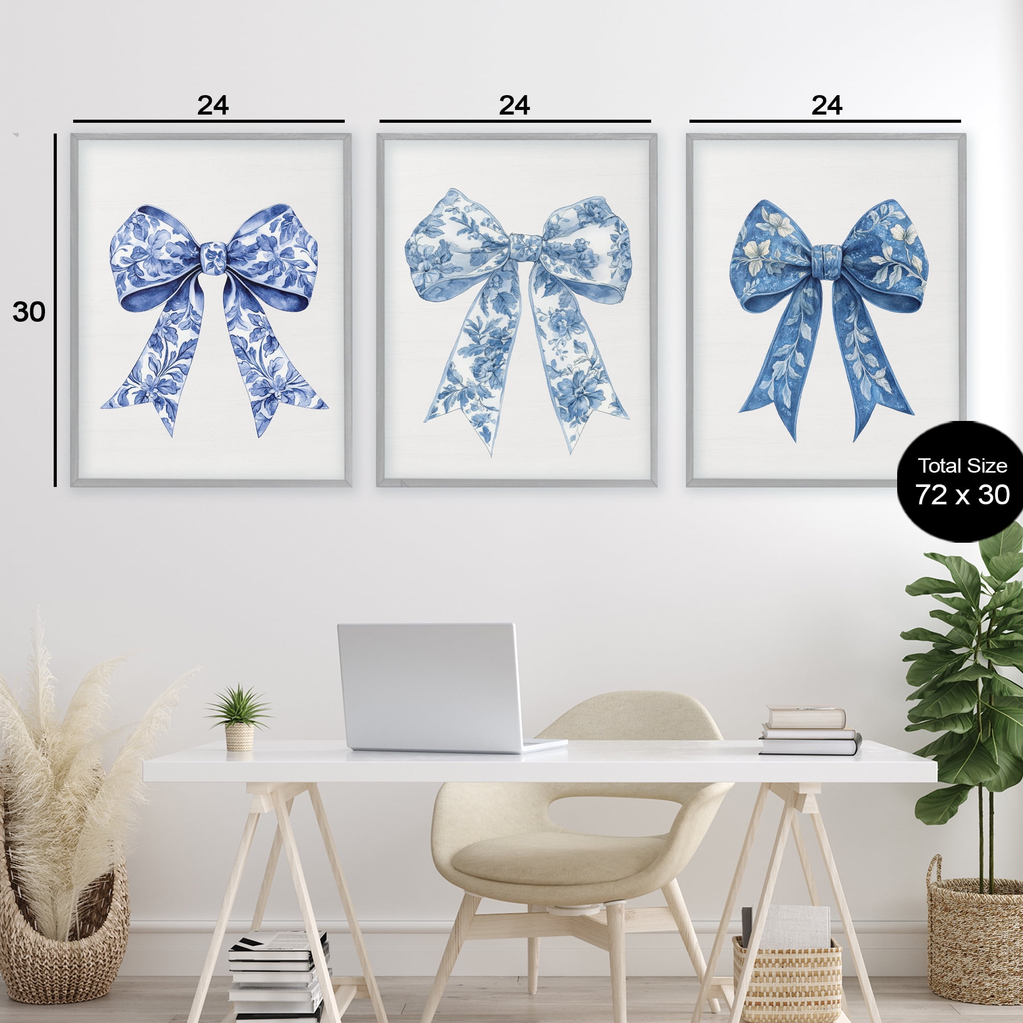 Vintage Toile Pattern Bows 3 Piece Gray Framed Giclee Art Set, design by Lettered and Lined