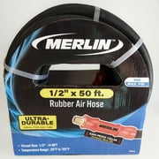 Merlin Rubber Air Hose: 1/2 In x 50 Ft: Solid Brass Couplings: Burst Resistant 300 PSI: Reinforced with Polyester Cord
