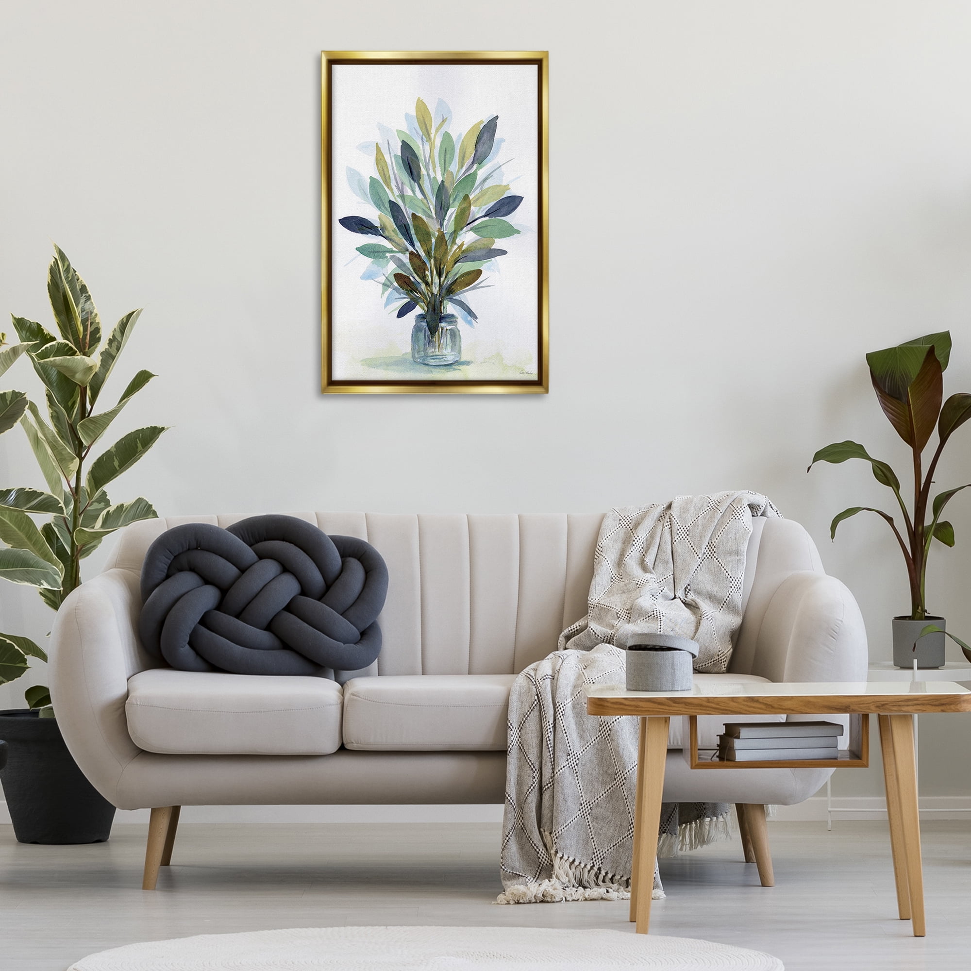 Stupell Industries Rustic Leaves Jar Botanical & Floral Painting Gold Floater Framed Art Print Wall Art, 21 x 31