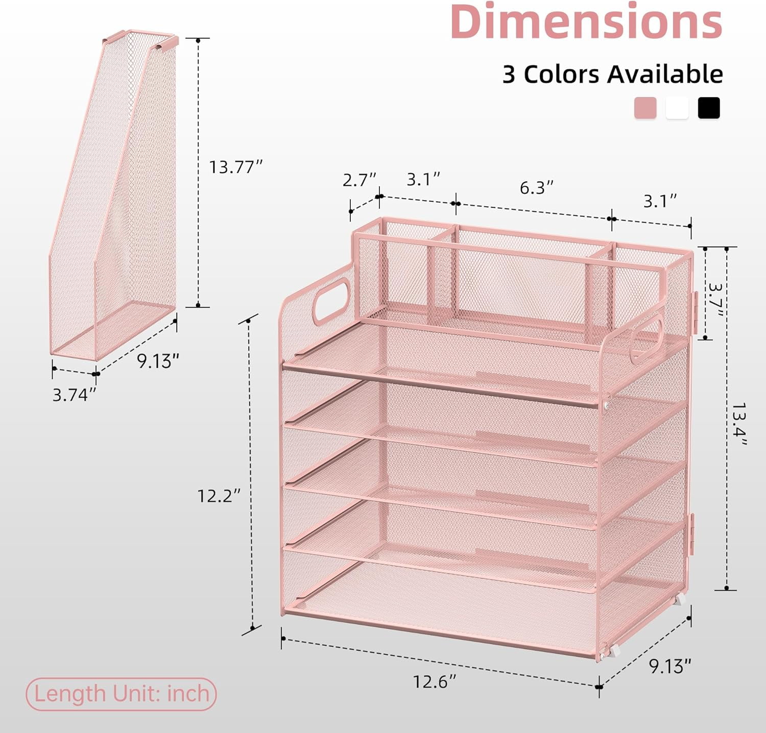 INTIGE 5 Tier Metal Desk File Organizer with File Rack and Pen Holders, Pink, 1 Pcs