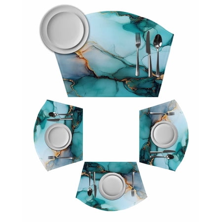 Marble Turquoise Gold Round Placemats Set of 6, Abstract Simple Geometric Placemats for Round Dining Table Shape Wedge Placemats for Outdoor Indoor Wipeable Clean Table Place Mats