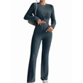 thumbnail image 3 of Women'S 2 Piece Casual Ribbed Knit Crew Neck Stretch Long Sleeve T-Shirt and Flare Pants Set Sea Blue S, 3 of 7