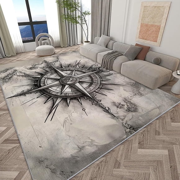 Compass Area Rugs, Dark Gray Tattoo Art Compass Carpet, Washable Non Slip Low Pile Soft Rug for Living Room Bedroom Office Decor Mat 5x8ft
