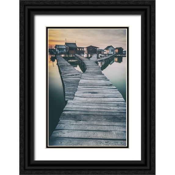 Stranak, Pavol 11x14 Black Ornate Wood Framed with Double Matting Museum Art Print Titled - lake and roads and cottages