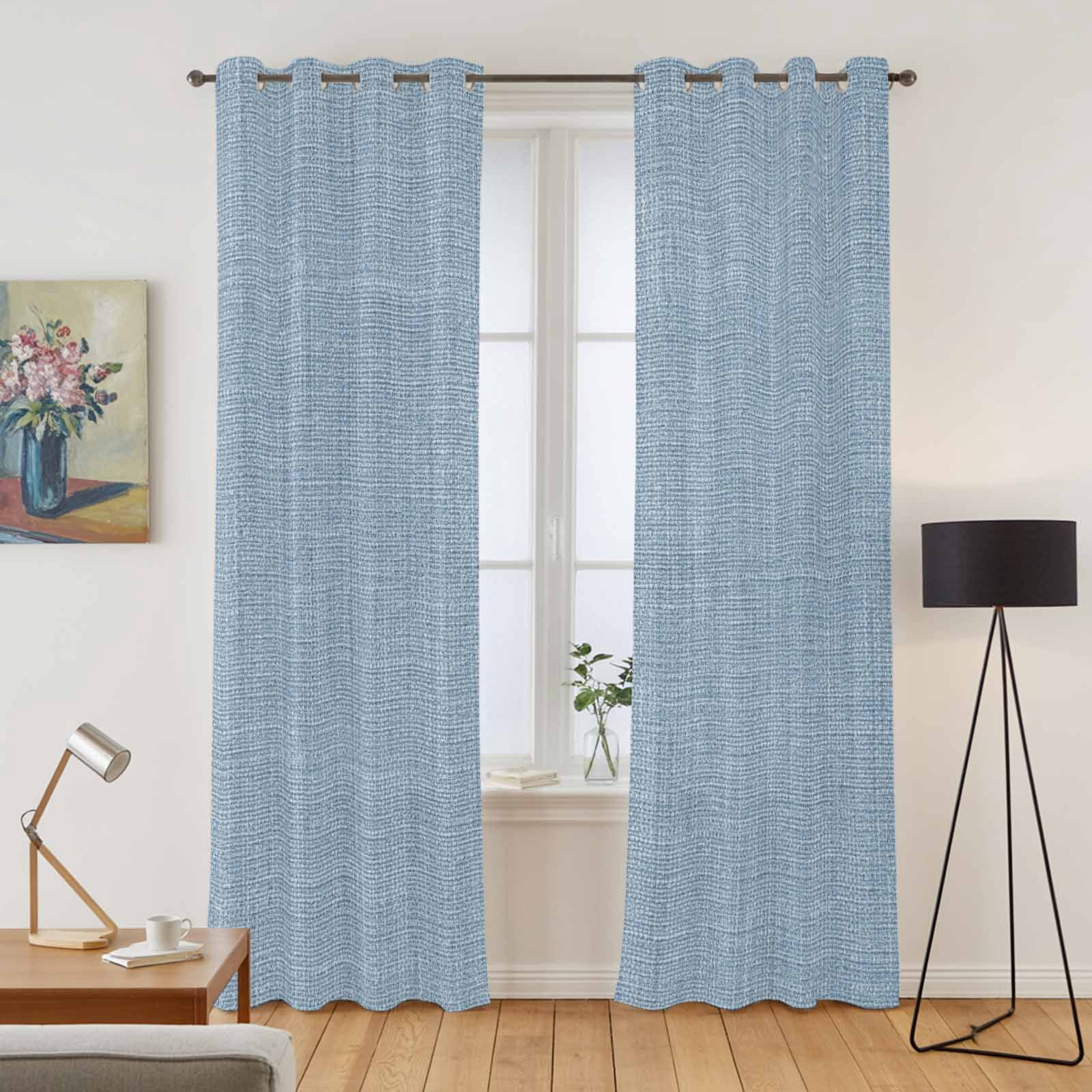 Kitchen Curtains 84 Inch Length 2 Panels, Vintage Sky Blue Grommets Window Treatment Curtain, Farmhouse Retro Solid Color Linen Texture Thermal Curtains Drapes for Living Room/Bathroom