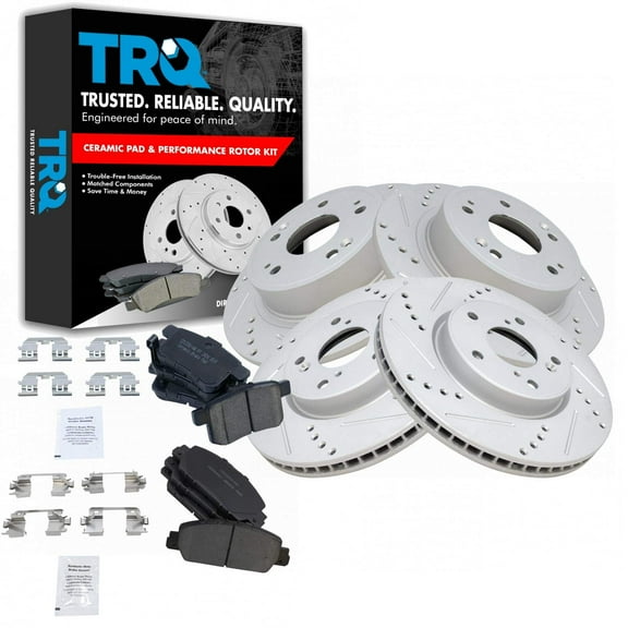 TRQ Front and Rear Performance Brake Pad & Rotor Kit Brake Pads Brake Rotors Set Ceramic Premium G-Coated Fits Select 2013-2017 Honda Accord