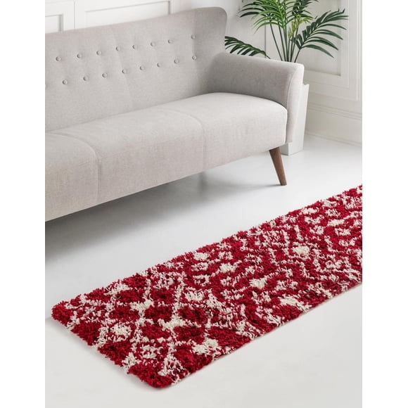 Rugs.com Moroccan Trellis Shag Collection Rug – 3' 3 x 16' 5 Runner Burgundy Red Shag Rug Perfect for Living Rooms, Large Dining Rooms, Open Floorplans