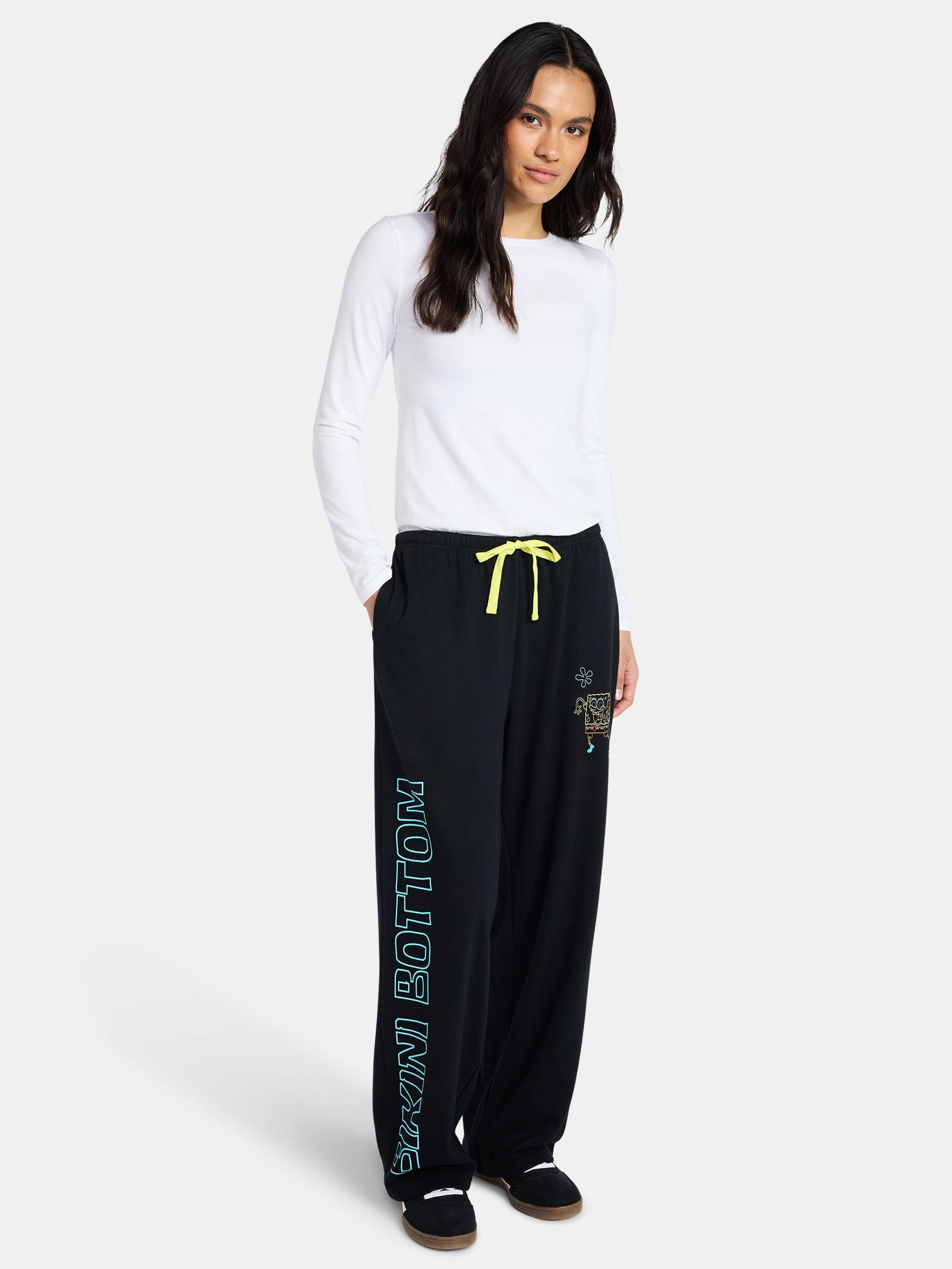 SpongeBob SquarePants Women’s Graphic Wide Leg Fleece Pants, Sizes XXS-XL