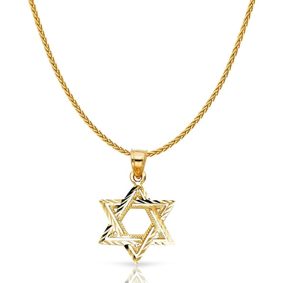 14K Yellow Solid Gold Star of David Charm Pendant with 1.1mm Wheat Chain Necklace