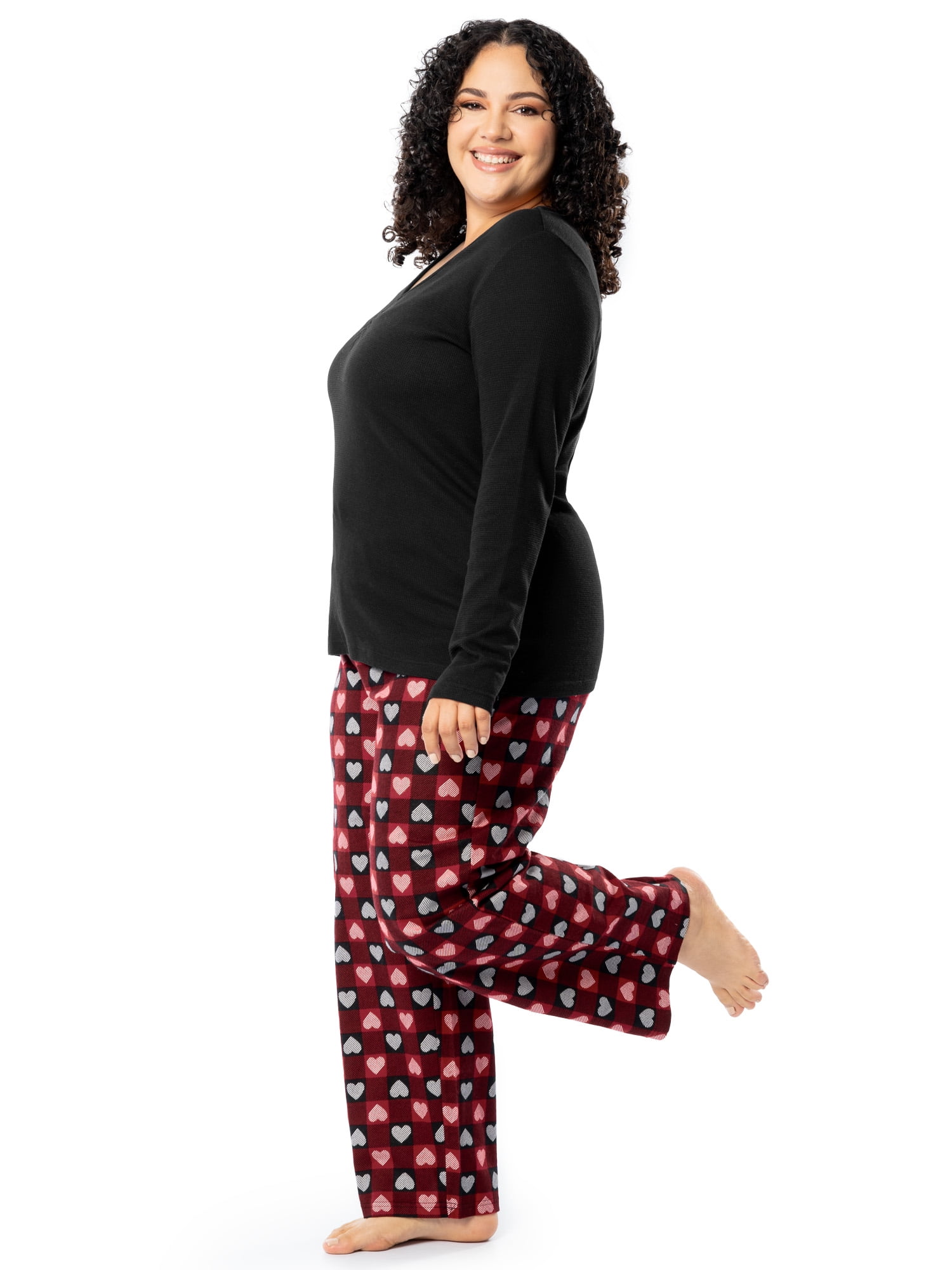 Fruit of the Loom Women's Beyond Soft Long Sleeve Waffle Top and Flannel Bottom Pajama Set, Sizes S-4X
