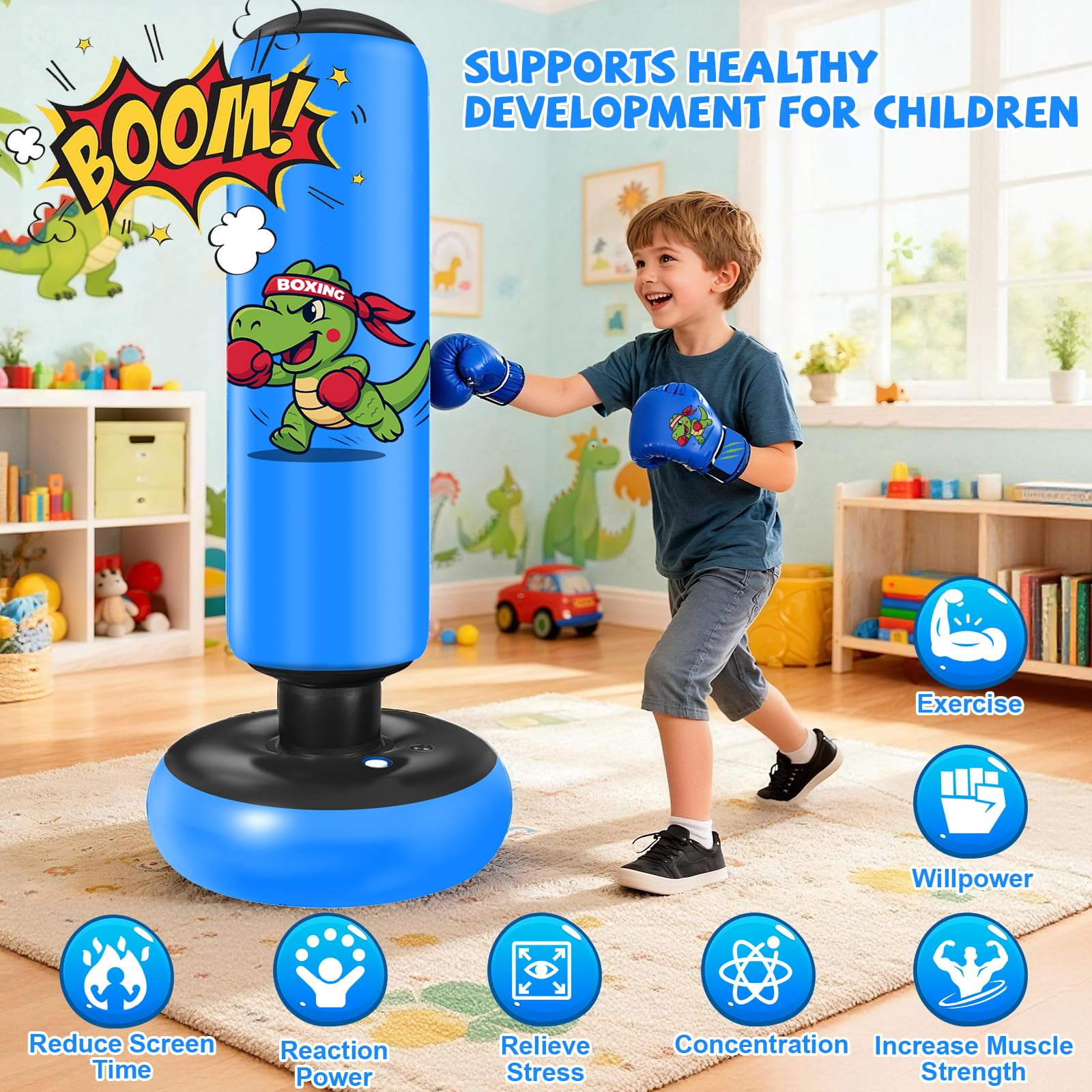 Fohil Punching Bag for Kids 51 inch Freestanding Heavy Boxing Bag with Boxing Gloves and Pump, Punching Bag Set Toy, for Practicing Karate, Taekwondo, De-Stress