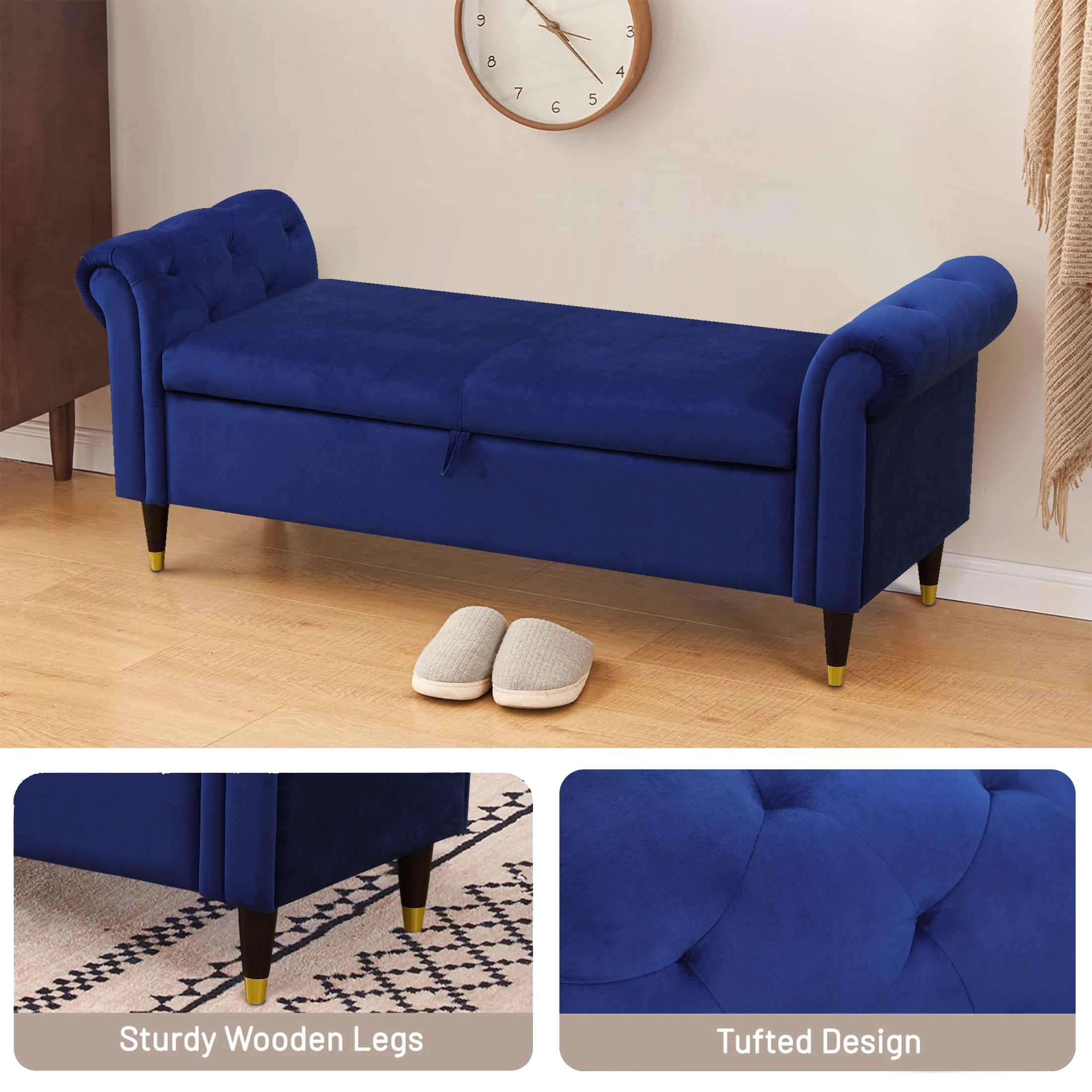 Aukfa 64 inch Oversized Storage Ottoman Bench, Lift Top Storage Chest for Bedroom, Sherpa, Blue