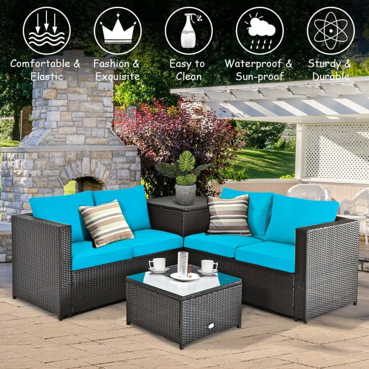 Aimee Lii 4 Pieces Outdoor Patio Rattan Furniture Set with Cushioned Loveseat and Storage Box, Outdoor Deck Furniture, Turquoise Aimee Lii 4 Pieces Outdoor Patio Rattan Furniture Set with Cushioned Loveseat and Storage Box, Outdoor Deck Furniture, Turquoise