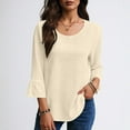thumbnail image 5 of ClodeEU Women's Lace Trim 3/4 Sleeve Linen Blend Top ,Loose Fit Solid Color Casual Crewneck Blouse Beige,Womens Plus S, 5 of 8