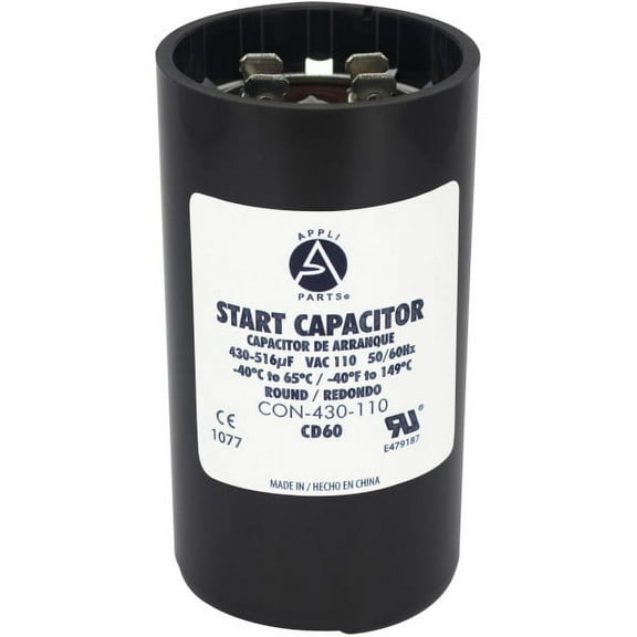 Appli Parts motor start capacitor 430-516 Mfd (microfarads) uF 110-125 VAC universal fit for electric motor applications 1-3/4 in Wide 3-3/8 in Height CON-430-110