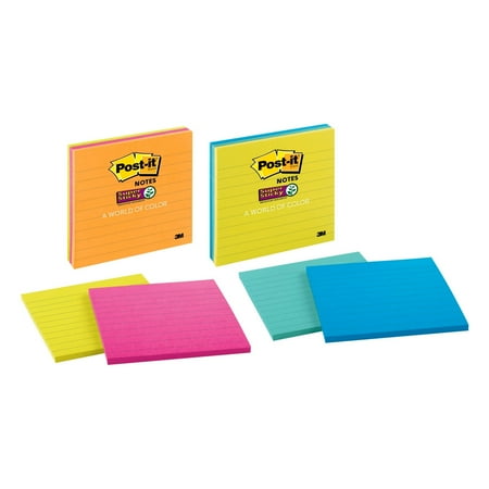 Sticky Note Graphic - Post-it Super Sticky Notes, 4 in. x 4 in., Assorted Bright Colors, Lined, 3 Pads/Pack, 45 Sheets/Pad