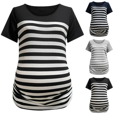 

Tejiojio Maternity/Labor/Nursing Clothing Clearance Maternity Round Neck Stripe Lace Patchwork Short Sleeve Side Ruched Blouse Tops T-Shirt