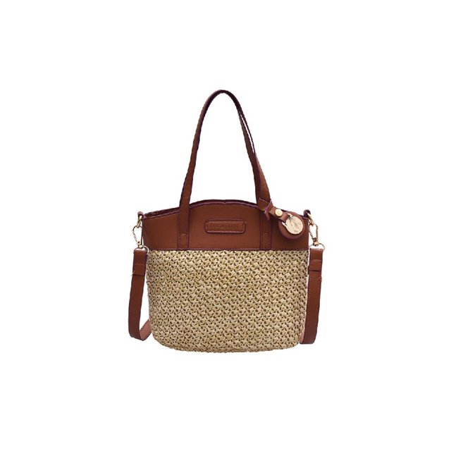 Bolsa de hombro de punto de paja portátil para mujer de mano de vacaciones de empalme de PU (L) Likrtyny Para Estrenar
