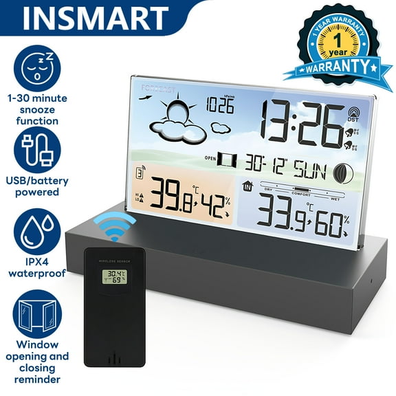 INSMART Weather Station Wireless Indoor Outdoor Thermometer,Digital Weather Thermometer with Window Opening/Closing Reminder,Snooze Function,IPX4 Water Resistance,Supports Battery & USB Power Supply