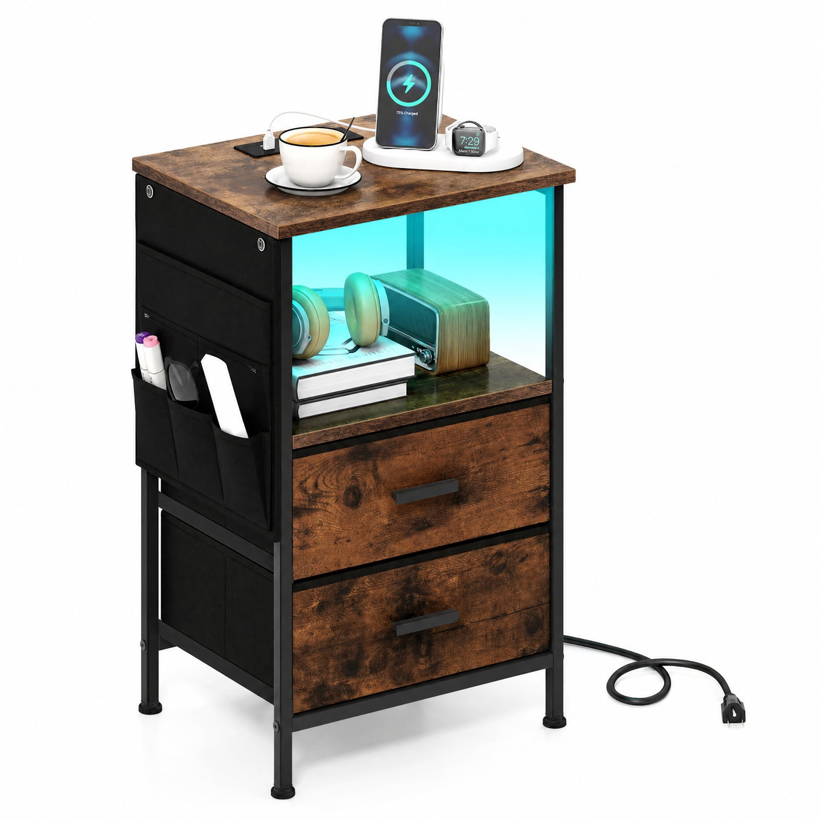 Furnibear End Table Nightstand with Charging Station and 2 Folding Fabric Drawers