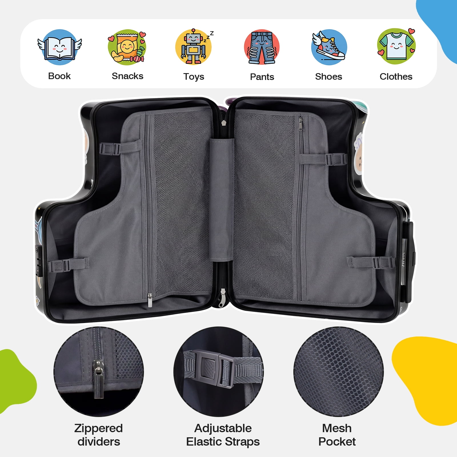 Advwin Kids Ride-On Luggage with Safety Belt, TSA Lock & Footrest, Hardside Spinner Travel Suitcase for Children, Black Space Theme