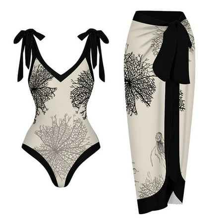 RUTAYY Swimwear Women Retro Piece Swimsuit With Deep V Tie Chiffon Skirt Set Shaver For Woman Bikini And Body Tropical Swim Wear