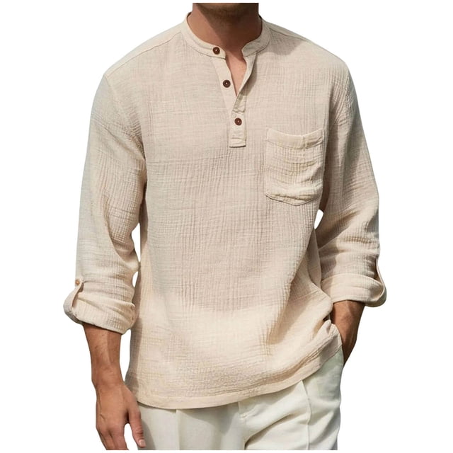 Ceisia Men's Cotton Linen Henley Shirt | Relaxed Fit Stand Collar Long Sleeve Casual Button-Down Top Gifts