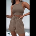 thumbnail image 4 of Conjuntos de Verano para Mujer, Conjunto Informal de 2 Piezas con Top Corto y Pantalones Cortos de Punto Gofre, Ropa de Dormir, Color Café, Talla S, 4 of 9