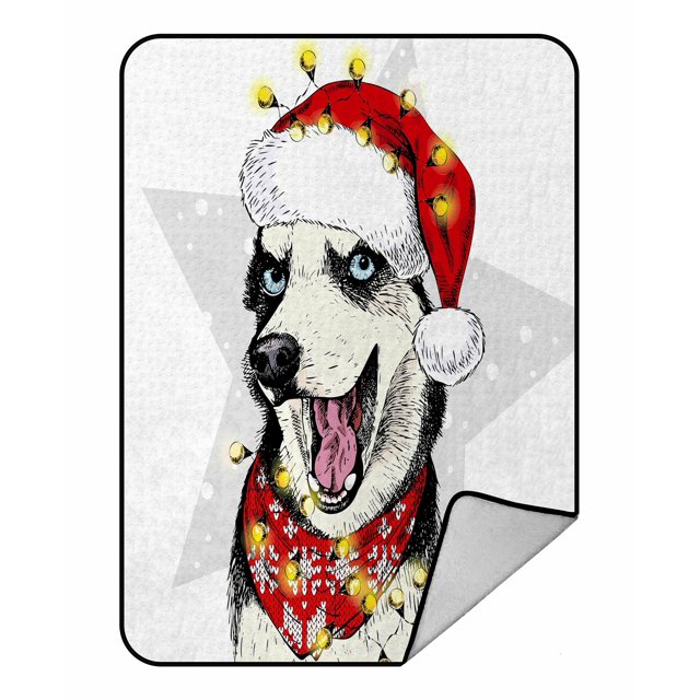 Manta polar ABPHQTO Perro Husky siberiano con gorro de Papá Noel 145x200 cm