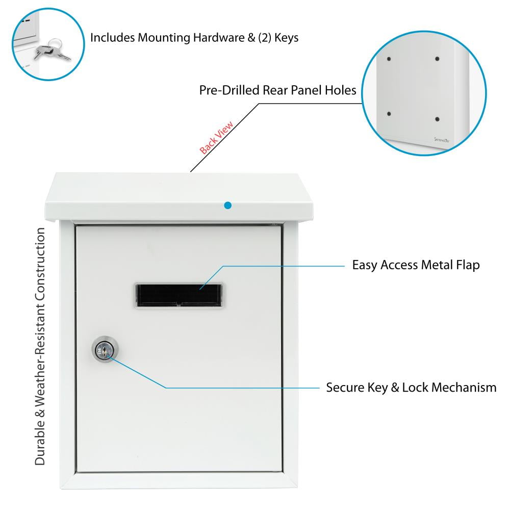 SereneLife Wall Mount Mailbox, Locking, Indoor/Outdoor, Medium, Black Metal, Single Compartment