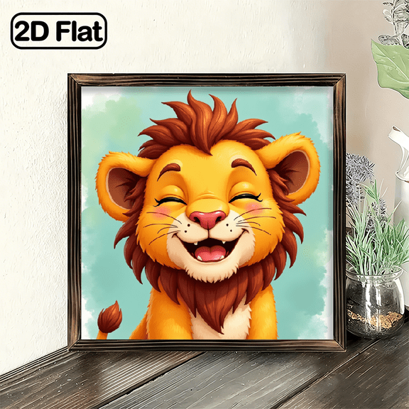 2D Flat Prints 1pc Wood Frame Wooden Wall Sign Lion Portrait, Eyes Closed with a Smile, Impressionist Oil Painting Style Wall Art 8x8in Prints Print Painting For Living Room Bedroom Office Bathr