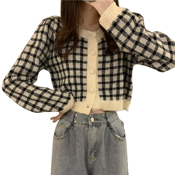 Open Front Sweater Retro Style Plaid Pattern Long Sleeve Button Down Knit Outwear Women Casual Sweater for Spring Autumn Black Free Size