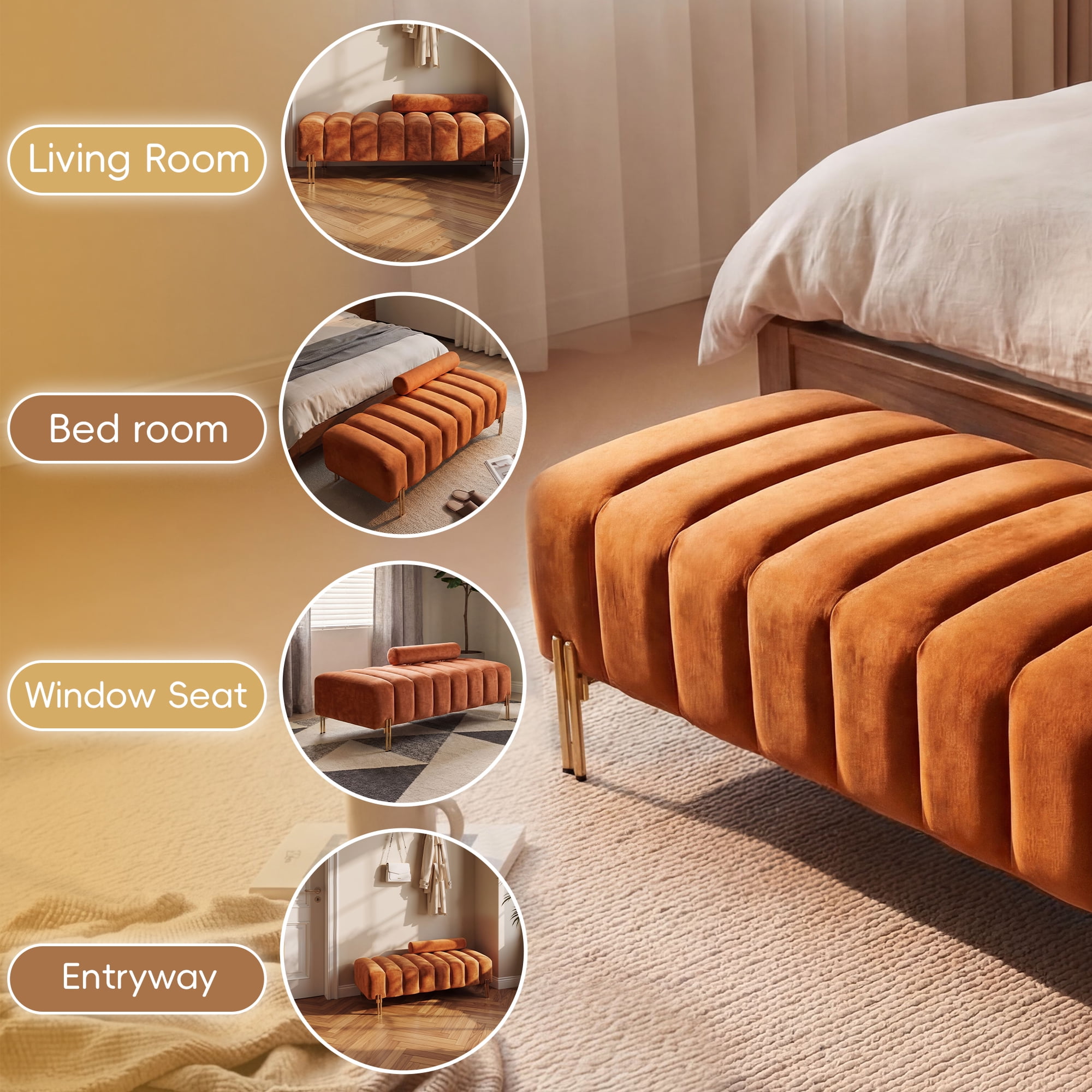 Wiilayok 52" Upholstered Velvet Ottoman Bench,End of Bed Bench with Gold Legs,Tufted Long Bench for Bedroom Living Room Foyer Indoor Entryway, Orange