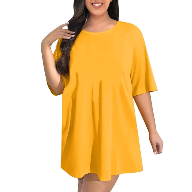 Tauxra Robe Décontractée pour Femme Grande Taille, Couleur Unie, Manches Courtes, Col Rond, Robe Maxi Fluide d'Été pour Plage, Fête, Tenue Quotidienne