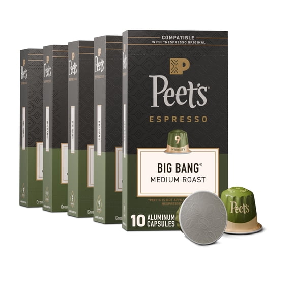 Peet's Coffee, Medium Roast Espresso Capsules, Compatible with Nespresso Original Machines, 100% Arabica Coffee - Big Bang Intensity 9, 50 Count (5 Boxes of 10 Espresso Capsules)