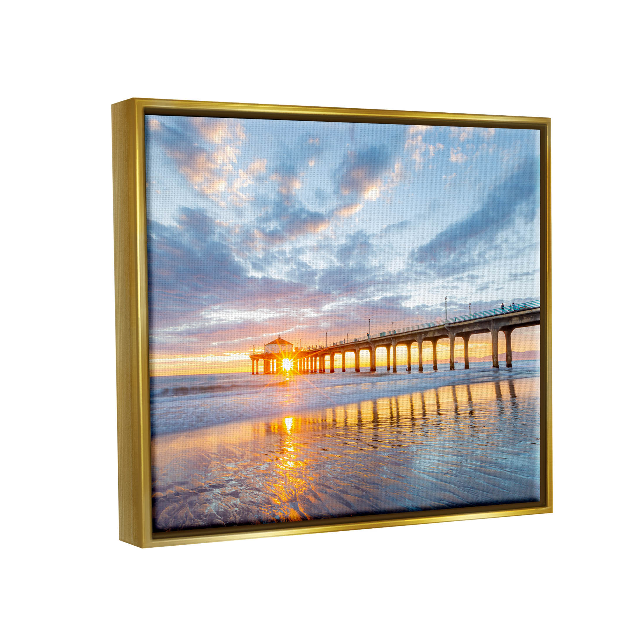 Ocean Pier Sunrise Reflection Coastal Photograph Metallic Gold Framed Art Print Wall Art
