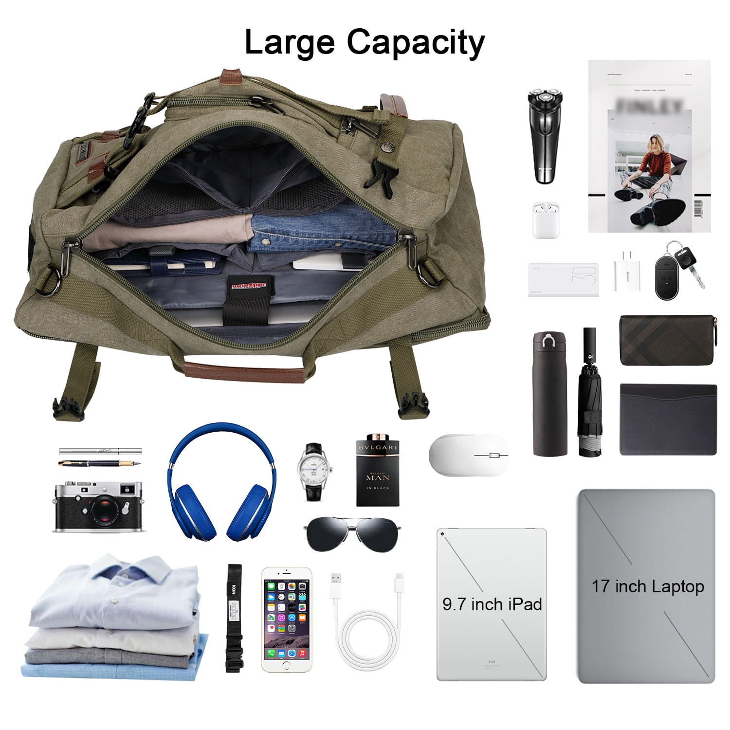 WITZMAN Travel Backpack for Men Large Canvas Backpack Luggage Carry on Duffel Bag A519-1 Light Green