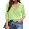 thumbnail image 2 of Womens Cotton Linen Button Down Shirts Loose Fit Long Sleeve Collared Blouse Casual V Neck Tops Outfits S-3XL Light Green L, 2 of 6