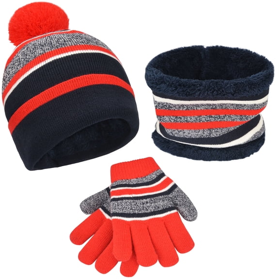 Maylisacc Kids Cute Pom Pom Winter Beanie Hat Gloves and Scarf Set for Boys Girls Knitted Fleece Lined Red