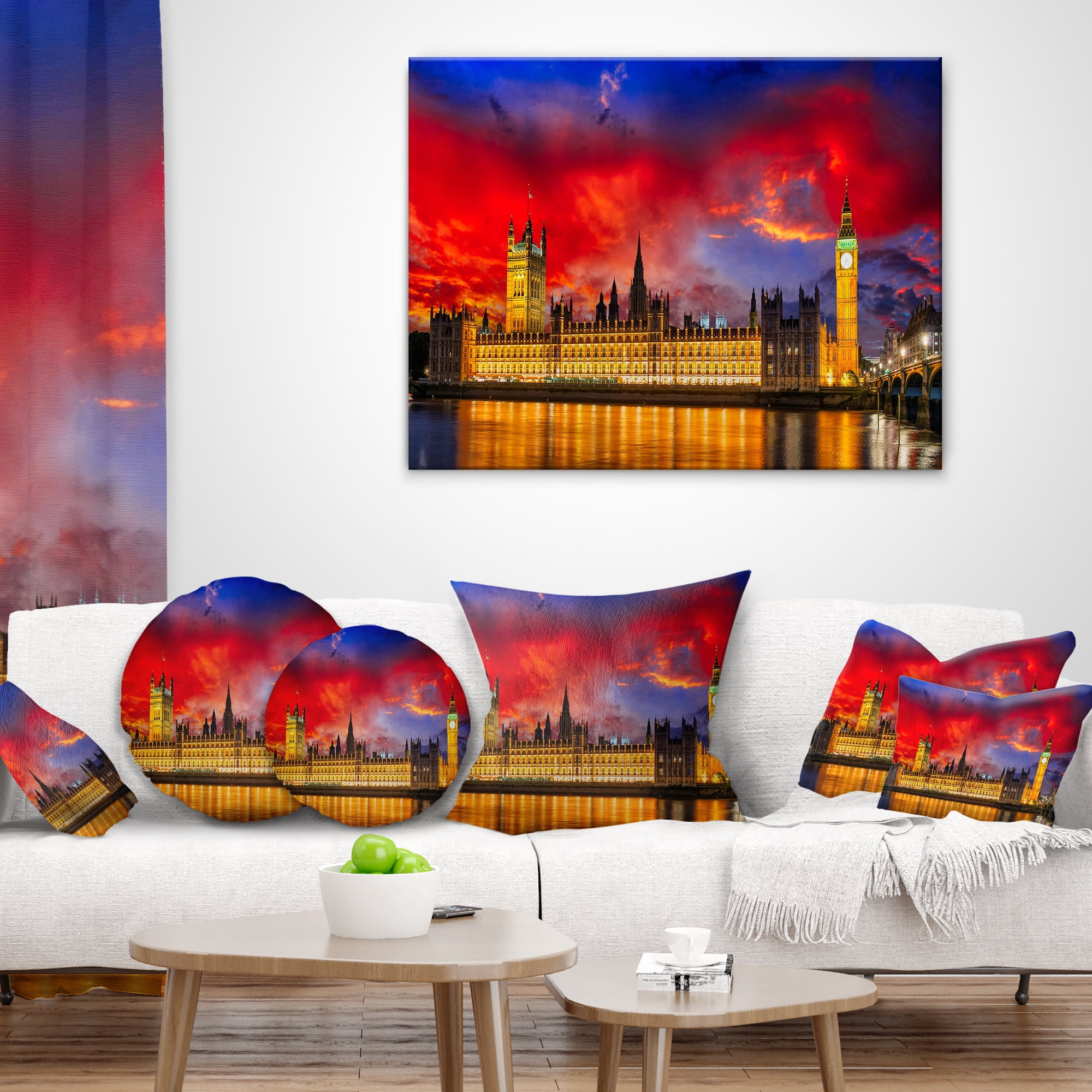 Designart House of Parliament at River Thames - Modern Cityscape Throw Pillow - 12x20