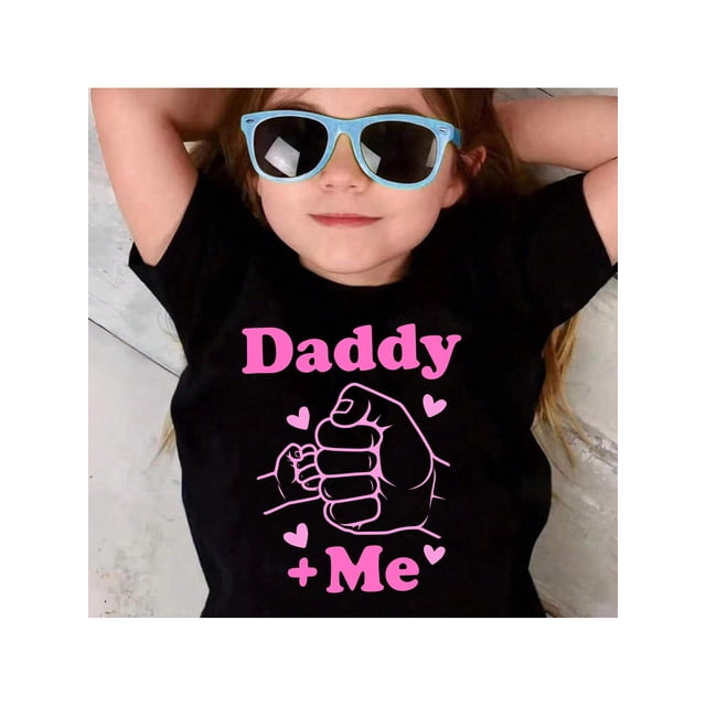 Daddy + Me" Fist Bump Graphic Girls' T-Shirt - Soft & Comfy Casual Summer Tee, Crew Neck, Short Sleeve, Machine Washable, Black with Pink Lettering, Polyester Blend, Father-Daughter Bonding | Rel