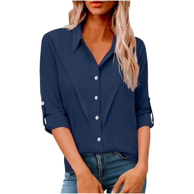 Camisas de Manga Larga para las Mujeres Loose Fit Botón de Solapa Imitación Lino Túnica Blusa de Verano