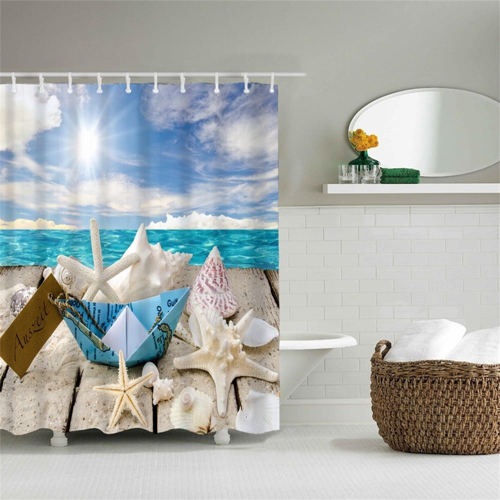 Sea Theme Shower Curtain With Hooks Paper Boat Blue Indigo White Seastar Sea Shell Wooden Board Aquamarine Ocean Bathroom Decor Waterproof Polyester Fabric Bathroom Accessories Bath Curtain Teal Theme Walmart Canada