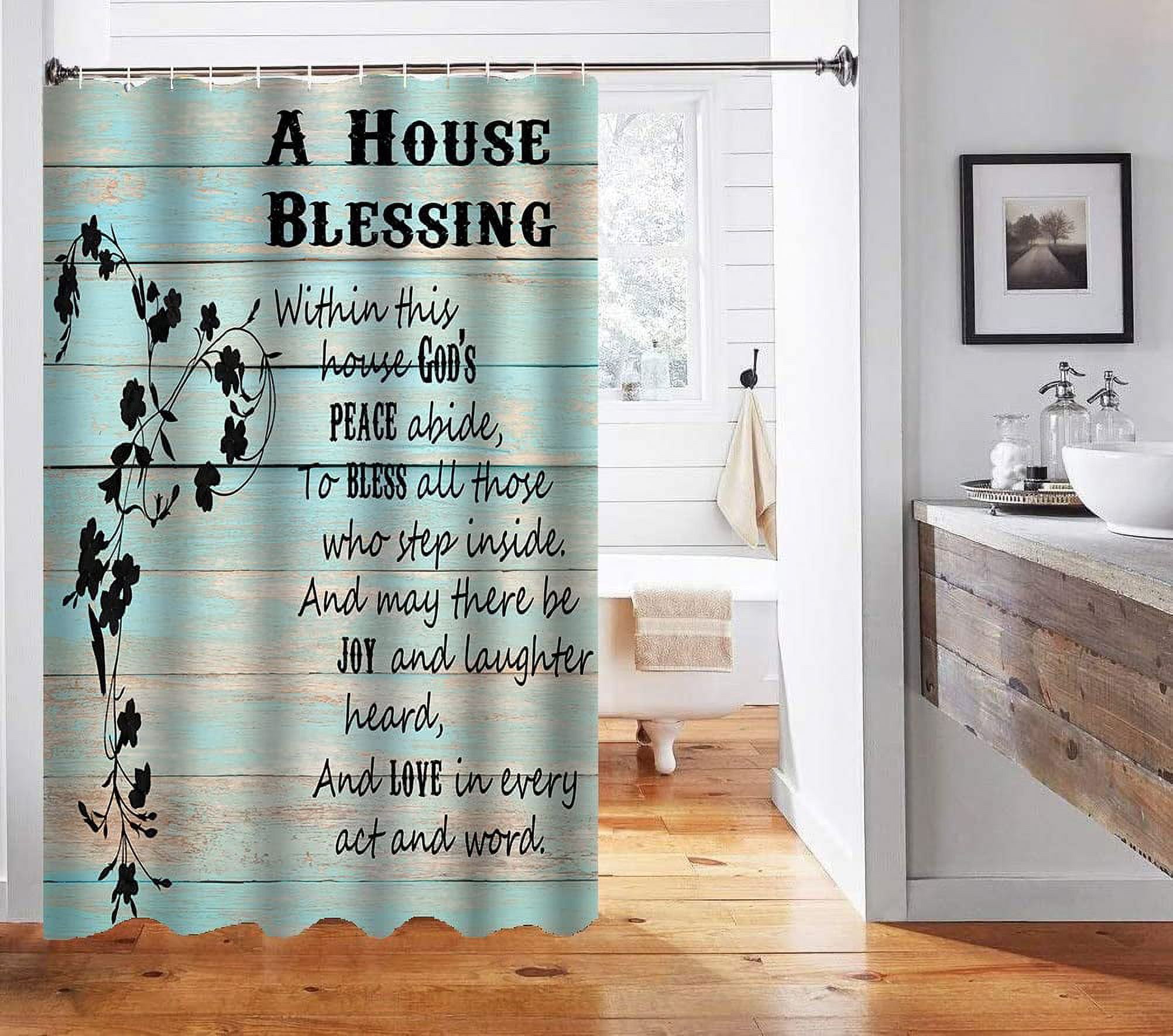 Inspirational Quotes Shower Curtain, Mint Green Country Wood Planks Black Flower Rustic Farmhouse Bathroom Decor, Waterproof Polyester Fabric Shower Curtain, 72x72 Inch, A House Blessing