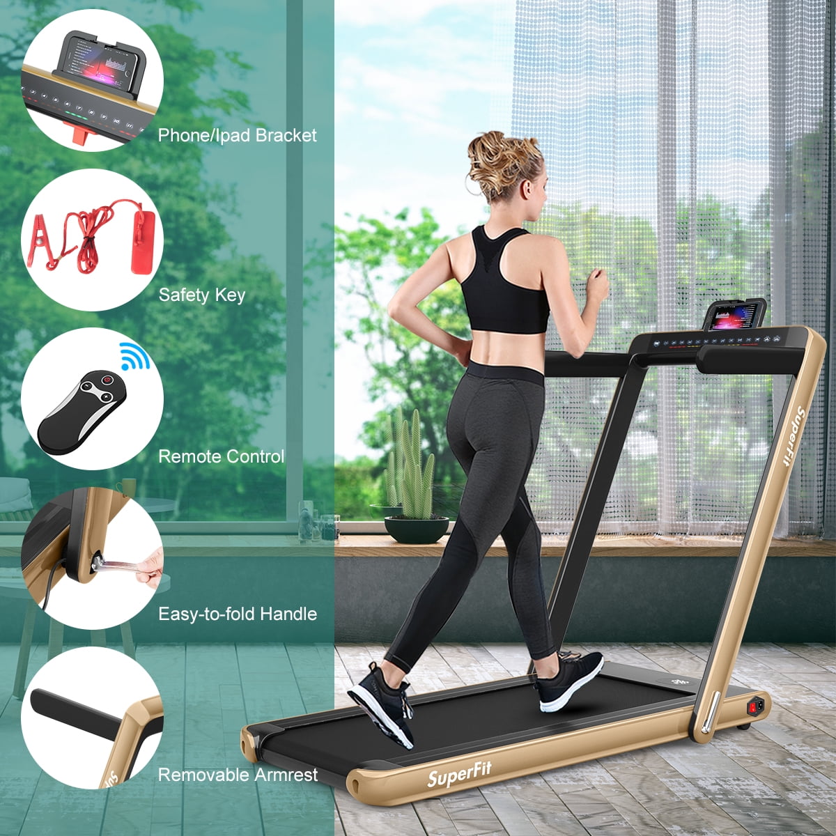 Gymax 2 in 1 Folding Treadmill 2.25HP Running Machine w/ Dual Display Gold