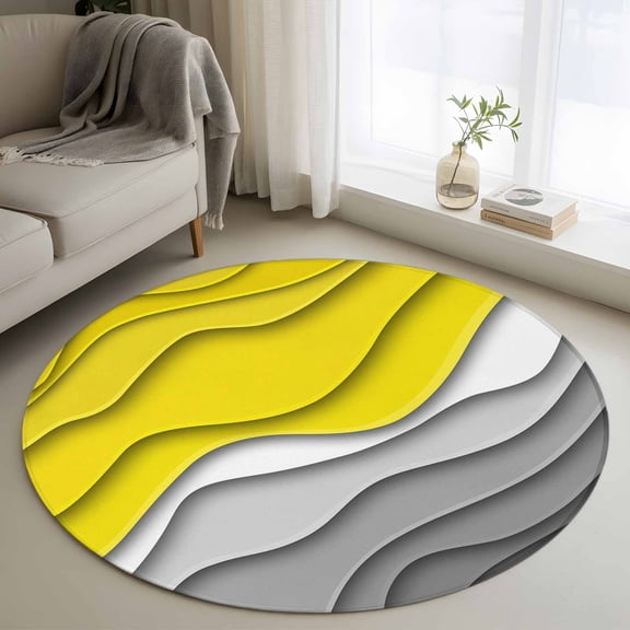 Round Area Rug 4ft, Yellow Grey Ombre Non-slip Area Rugs for Living Room/Bedroom/Bathroom/Kitchen, Modern Geometric Abstract Aesthetics Cream Washable Throw Floor Mat Indoor Outdoor Entrance Doormat