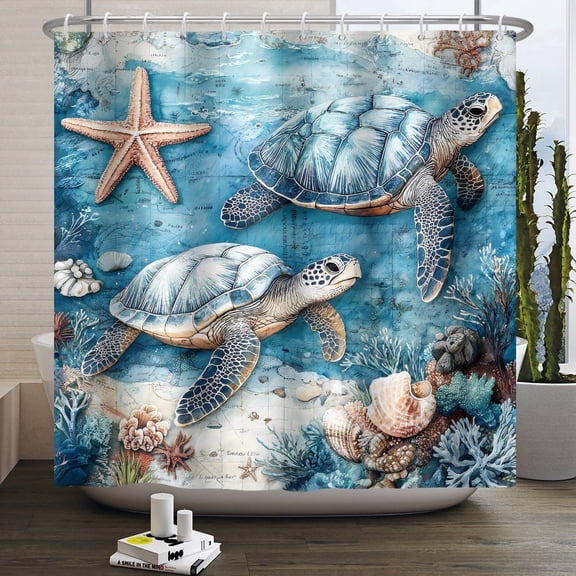 MIZHONA Summer Sea Turtle Shower Curtain Ocean Nautical Waterproof Fabric Bathroom Curtain 72x72 in