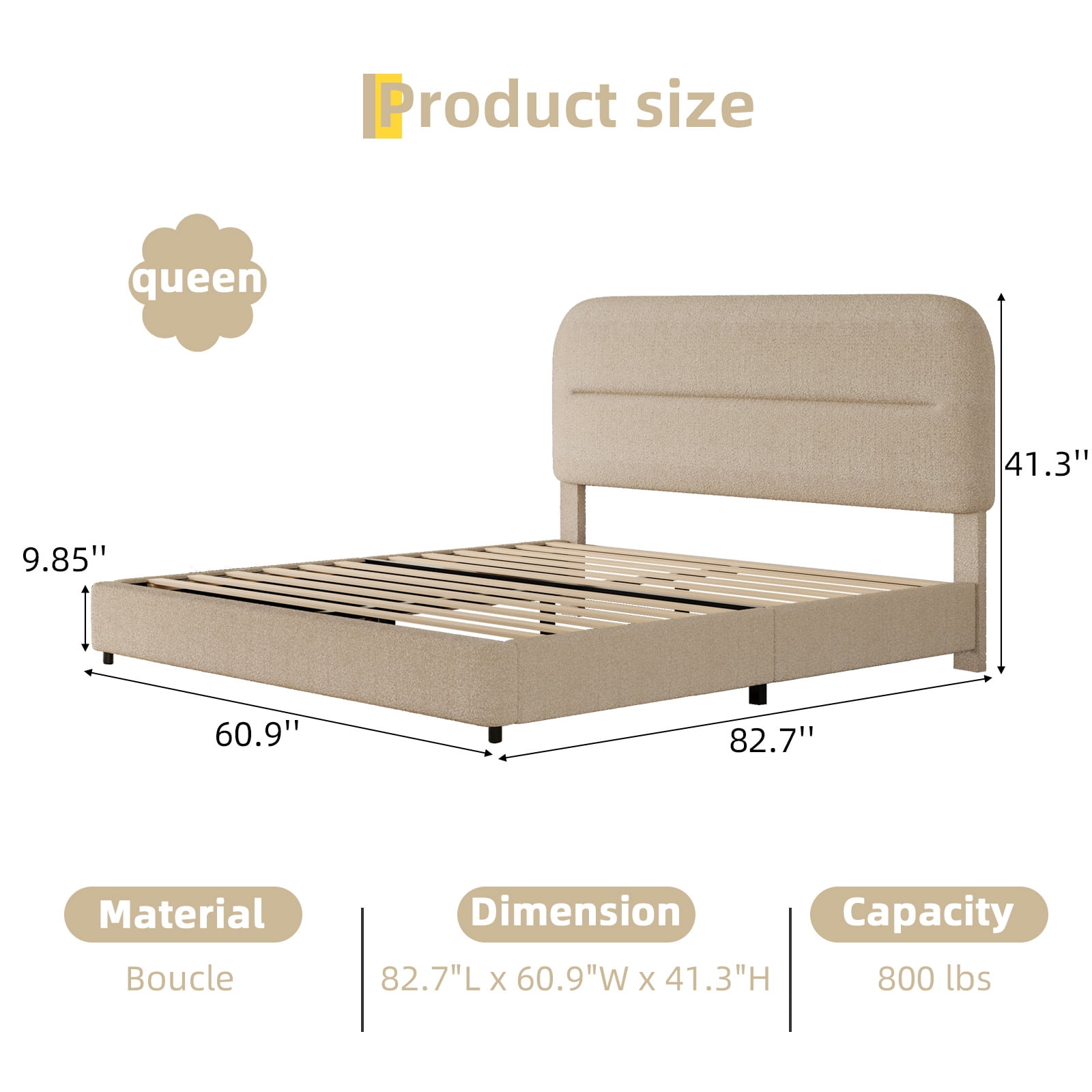 4 EVER WINNER Queen Bed Frame with Headboard, Boucle Upholstered Platform Bed Frame, Luxurious Soft Rounded Corners, No Box Spring Required, Non-Slip and Noise-Free, Easy Assembly, Beige