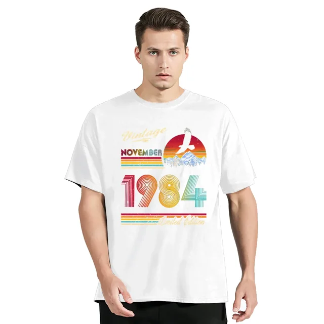 Camiseta de algodón con cuello redondo de cumpleaños vintage de 1984, ropa para hombre, camiseta de gran tamaño, camiseta casual de fitness, tops